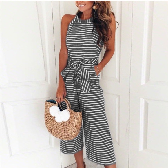 Pants - Black & White Striped Capri Jumpsuit